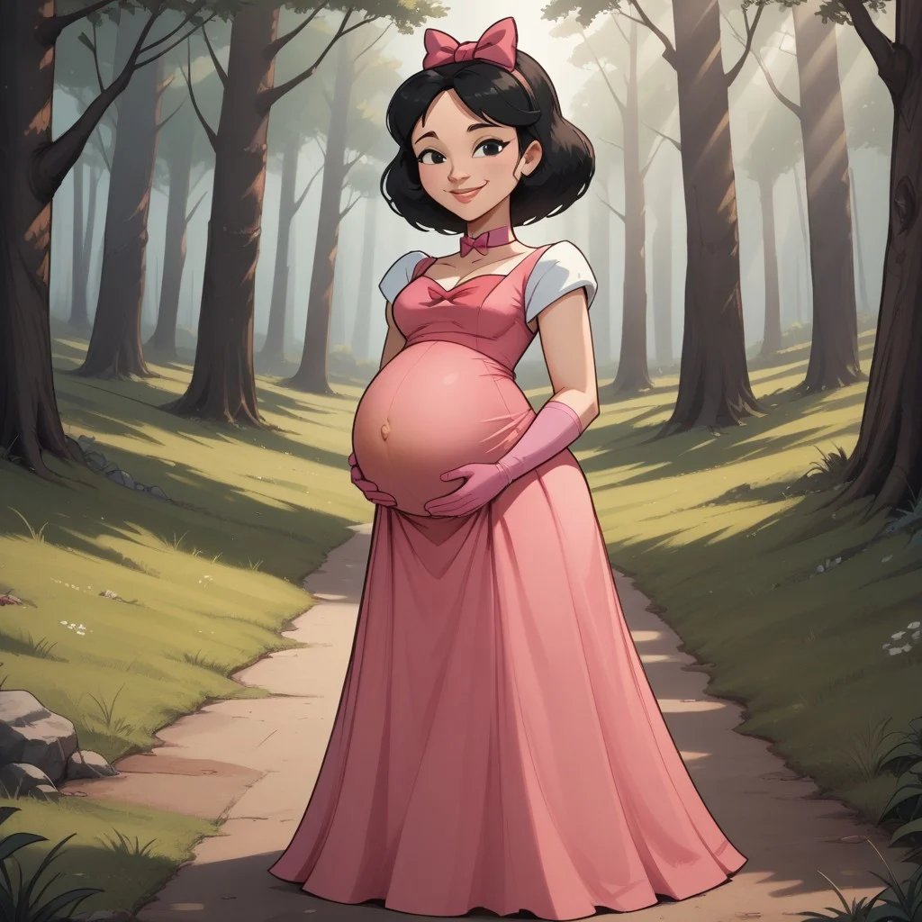 score_9, score_8, BREAK, solo, total drama, 1girl, black hair, white skin, pink hair bow, black eyes, lips, pointy nose, pink neck band, pink small dress, light pink gloves, bare legs, pink footwear, Ella_(\Total_Drama\), tdpi, cute, adult female, mature female, (((pregnant))), sexy pose, self portrait, smile, looking at viewer, outdoors, sunlight, shadows, evening lighting, natural lighting, forest, trees, grass, orange sky, sunset