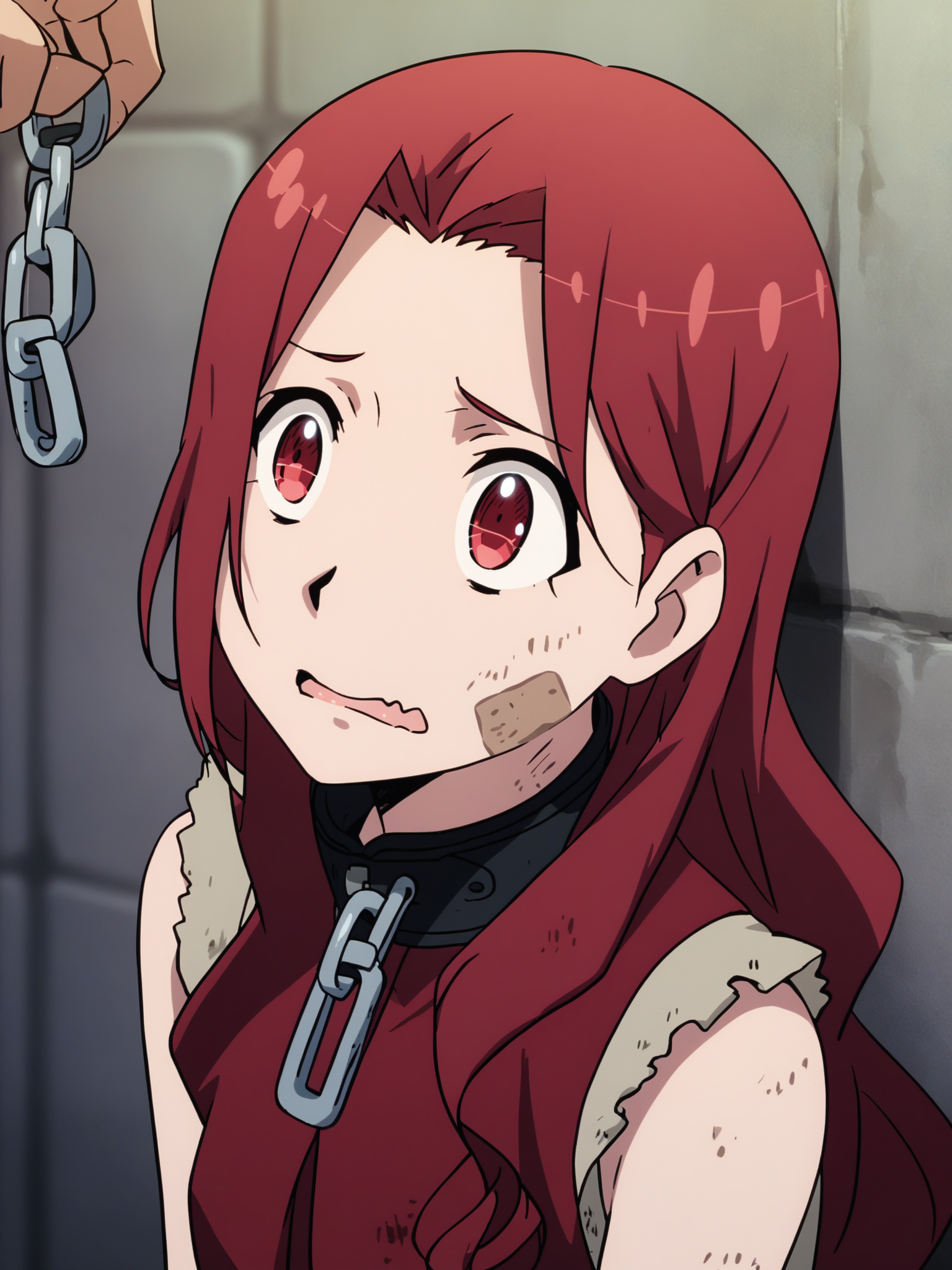 <lora:happy_tentacle-pina-v0.1:1>, ht_pina, 1girl, long hair, red hair, red eyes, pina_slave, sleeveless, dirty, collar, cuffs, shackles, chain, long shirt, baggy clothes, hair down, dungeon , close-up , , ( excited , wavy mouth :1.1), looking up , score_9, score_8_up, score_7_up, score_6_up, score_5_up, score_4_up