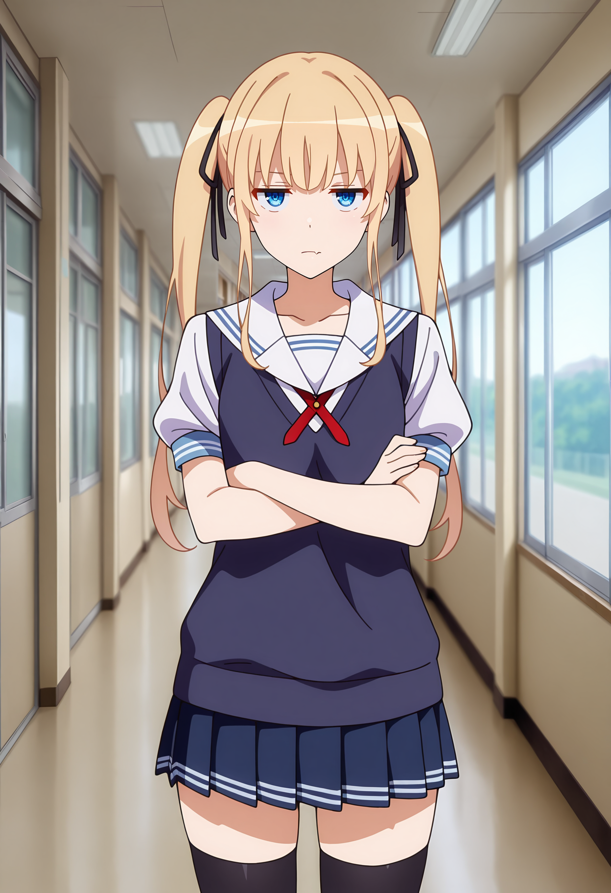 anime screencap, masterpiece, best quality,
<lora:Saekano_SawamuraSpencerEriri_IlluXL:0.9>,
1girl, solo, closed mouth, skin fang, jitome,
twintails, long hair, blonde hair, blue eyes, hair ribbon, black ribbon,
white sailor collar, sweater vest, blue vest, red cross tie, white shirt, puffy short sleeves,
pleated skirt, miniskirt, blue skirt, black thighhighs,
crossed arms, standing, looking at viewer, cowboy shot,
school, hallway, window, sliding doors, ceiling, photo background, blurry background
