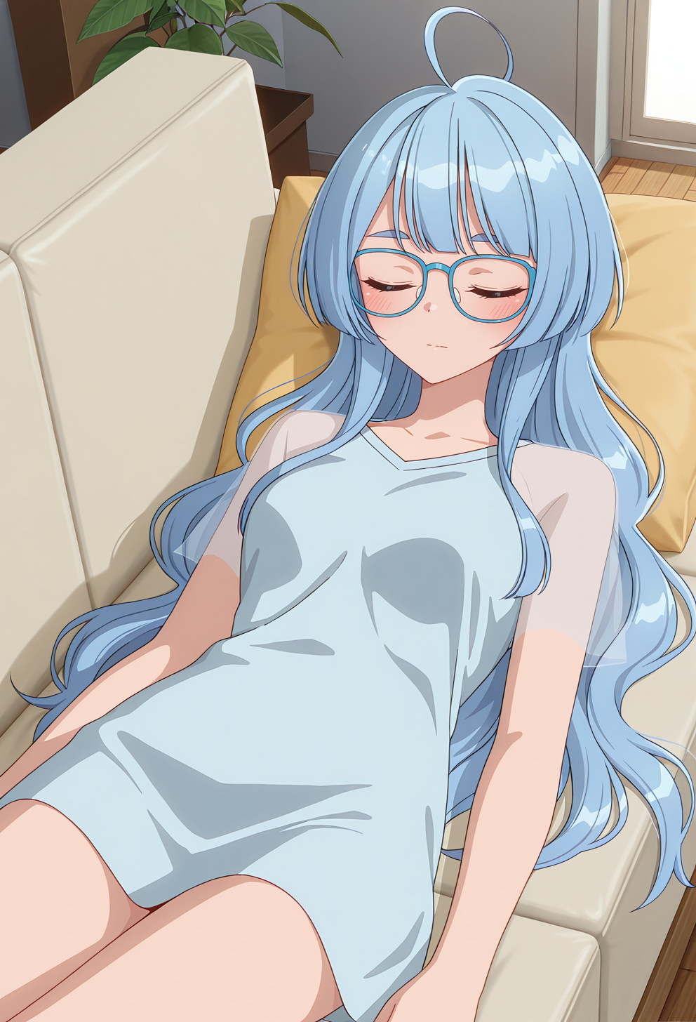 <lora:SEIHA SHIUNJI:1>,
SEIHA SHIUNJI,glasses,closed eyes,ahoge,blue-framed eyewear,blush,indoors,couch,see-through,shirt,closed mouth,sidelocks,1girl,solo,blue hair,long hair,lying,on back