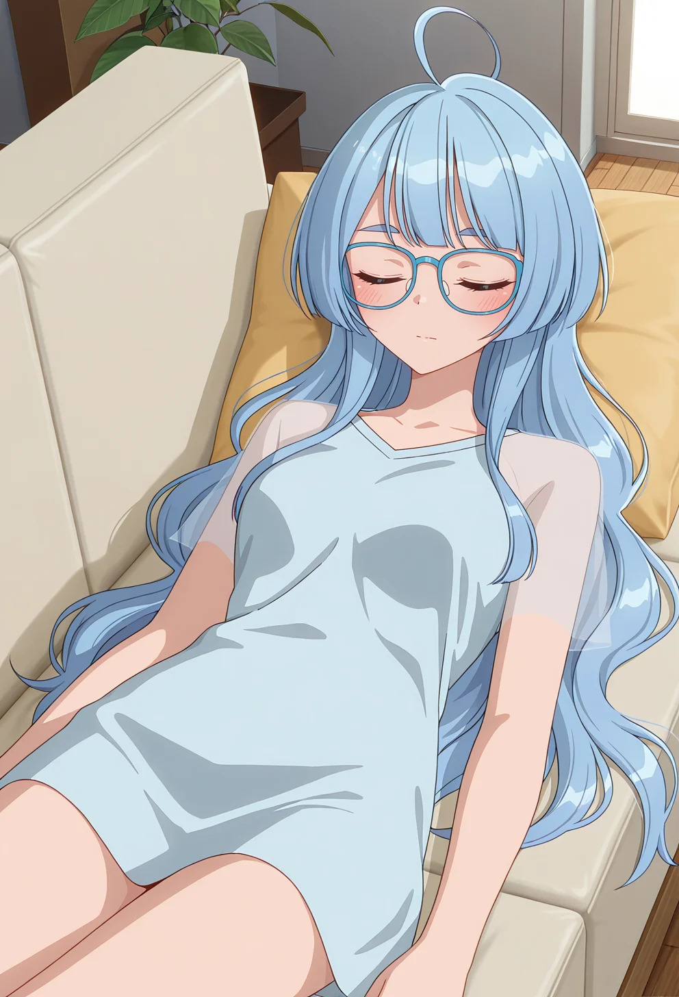 <lora:SEIHA SHIUNJI:1>,
SEIHA SHIUNJI,glasses,closed eyes,ahoge,blue-framed eyewear,blush,indoors,couch,see-through,shirt,closed mouth,sidelocks,1girl,solo,blue hair,long hair,lying,on back