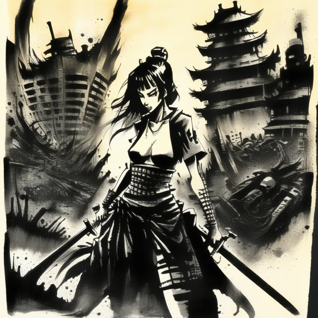 corcoc3s samurai girl on the battlefield in the background of destroyed buildings and fighting people, black ink <lora:corcoc3s:1>