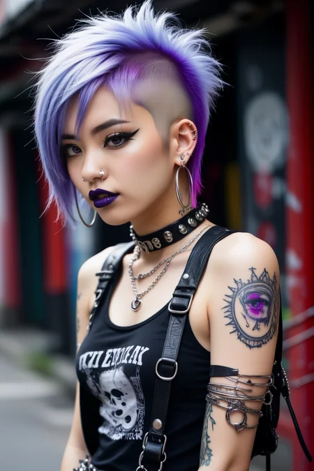 (Clothes boutique) Japanese punk girl,(JAV),punk wearing a ripped mesh tank top with safety pins holding it together,ripped acid wash jeans,studded biker boots, vibrant purple pixie cut, plethora of silver hoop earrings adorning her ears,eyebrow piercing, dark lipstick,plethora of chunky silver rings,spiked collar,fingerless gloves,provocative allure,intricate background,<lora:Jasmine:1.3>,eye catchlights,