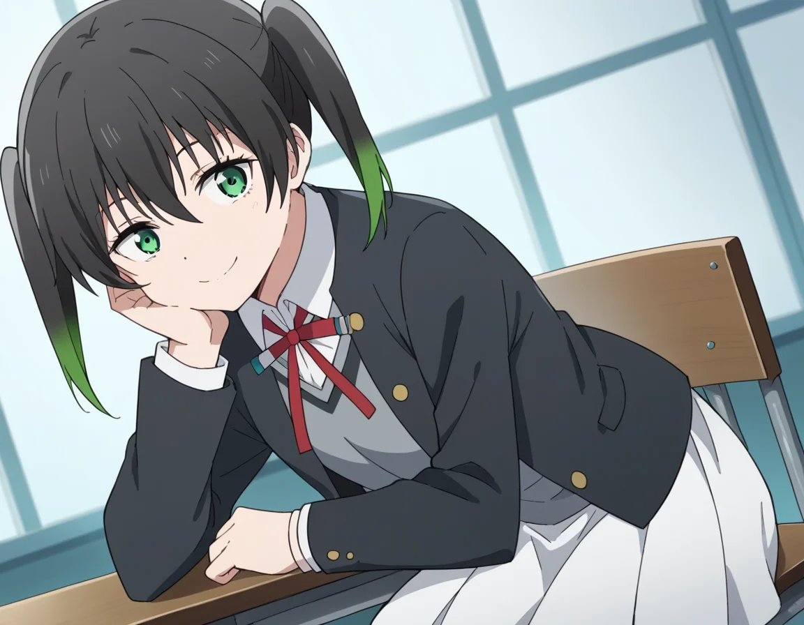 score_9, score_8_up, score_7_up, source_anime, <lora:yuu-takasaki-s2-ponyxl-lora-nochekaiser:1>, yuu takasaki, bangs, black hair, hair between eyes, twintails, green eyes, multicolored hair, green hair, medium hair, two-tone hair, gradient hair,, skirt, long sleeves, school uniform, jacket, red ribbon, black jacket, blazer, nijigasaki academy school uniform, white skirt,, indoors, smile, looking at viewer, solo, sitting, head rest, table,, cowboy shot, dutch angle