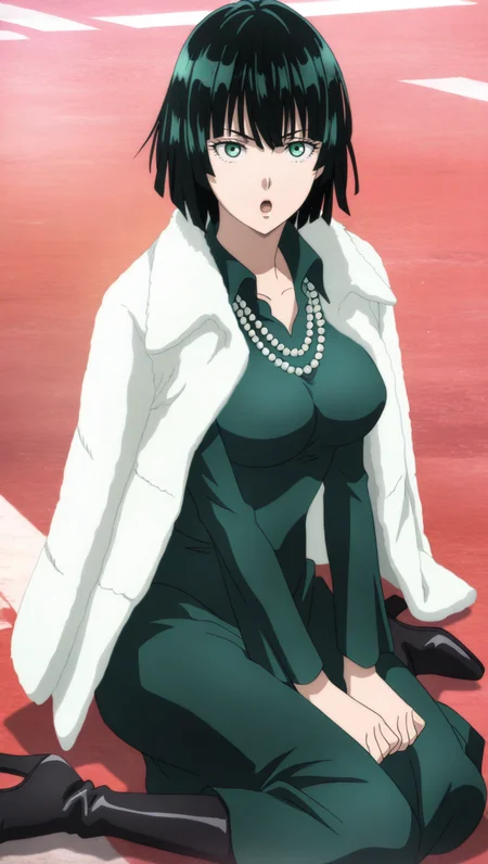 source_anime, masterpiece, best quality, amazing quality, anime screencap, high quality, 8k, absurdres, official style, 1girl, solo, looking at viewer, wariza, :o, <lora:Fubuki_iL:0.8>, fu8uk1, green eyes, black hair, short hair, bangs, green dress outfit, dress, green dress, breasts, large breasts, jewelry, necklace, pearl necklace, coat, jacket on shoulders, fur coat, long sleeves, boots, knee boots, high heels,
