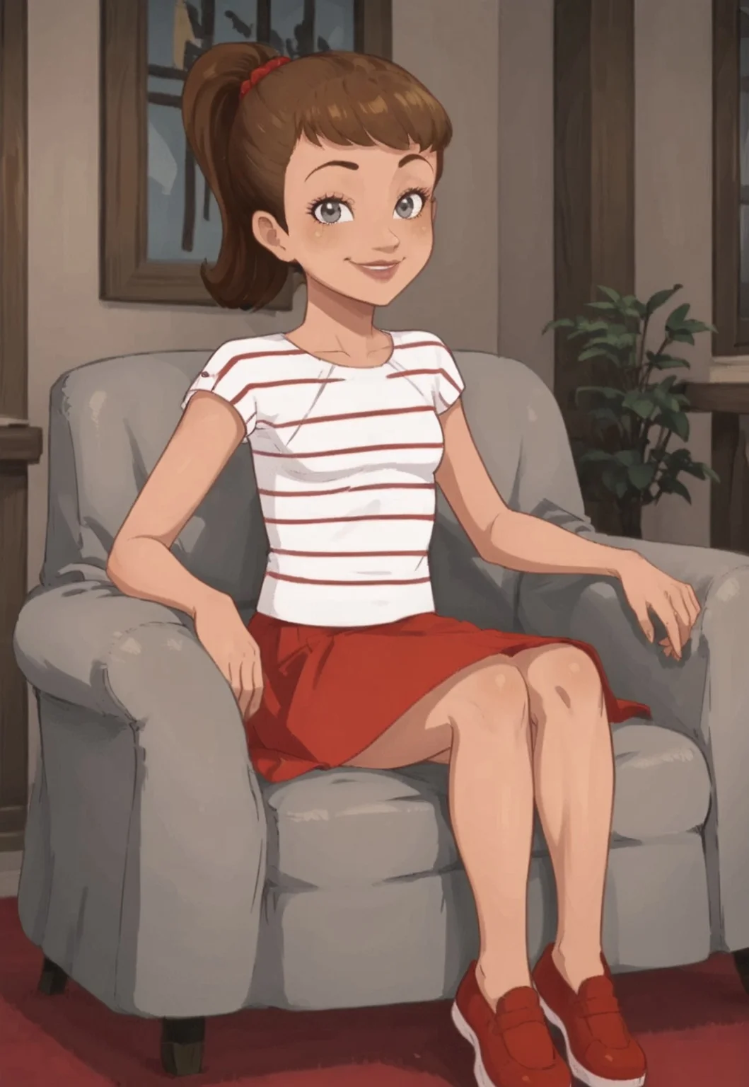 score_7, score_8, martine, 2d, animated draving, line art, 1girl, perfect hands, animated drawing, striped shirt, short hair, light brown hair, high ponytail, scrunchie, gray eyes, pink lipstick, red skirt, short skirt, red footwear, slender legs, short sleeves, red footwear, interior, sitting on armchair, looking at viewer, smirking smile,