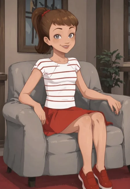score_7, score_8, martine, 2d, animated draving, line art, 1girl, perfect hands, animated drawing, striped shirt, short hair, light brown hair, high ponytail, scrunchie, gray eyes, pink lipstick, red skirt, short skirt, red footwear, slender legs, short sleeves, red footwear, interior, sitting on armchair, looking at viewer, smirking smile, 