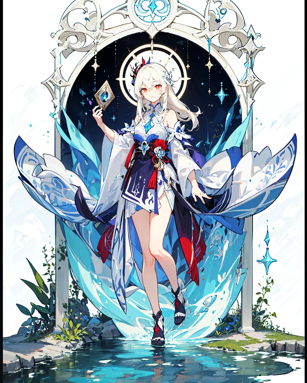 ((masterpiece)), ((high detail)), 1girl, ((ultra-detailed)),((delicate face)), Beautiful detailed eyes, (White blonde hair in gradations with red highlights,gradient hair),long hair, floating hair, ,hairs between eyes, GSHead,1girl ,solo,red eyes,genshin_impact,look at the viewer, <lora:gsr:0.7>,((full_body,distant view)), ((white background)), (Tarot cards border, outside border), Highly reflective mirror-like water underfoot,Step on the lake,<lora:tachi-e:1>,Wide Angle shot, strong light and shadow, cinematographic lens