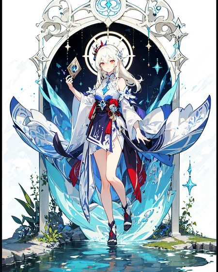((masterpiece)), ((high detail)), 1girl, ((ultra-detailed)),((delicate face)), Beautiful detailed eyes, (White blonde hair in gradations with red highlights,gradient hair),long hair, floating hair, ,hairs between eyes, GSHead,1girl ,solo,red eyes,genshin_impact,look at the viewer, <lora:gsr:0.7>,((full_body,distant view)), ((white background)), (Tarot cards border, outside border), Highly reflective mirror-like water underfoot,Step on the lake,<lora:tachi-e:1>,Wide Angle shot, strong light and shadow, cinematographic lens