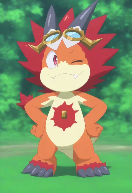 <lora:bal_V1-1:1>,sun dragon bal\(mini\),goggles,one eye closed,solo,vines,goggles on head,hands on own hips,fang,no humans,plant,smile,standing,outdoors,day,looking to the side,anime screenshot,masterpiece,high score,great score,absurdres,