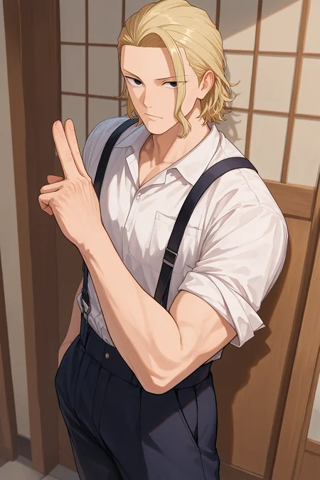 masterpiece, best quality, absurdres, safe,
1boy, togo shiba, blonde hair, black eyes,
standing, black pants, white shirt, suspenders, kuji-in, two-finger salute
<lora:kagurabachi_il_1_d16:1>