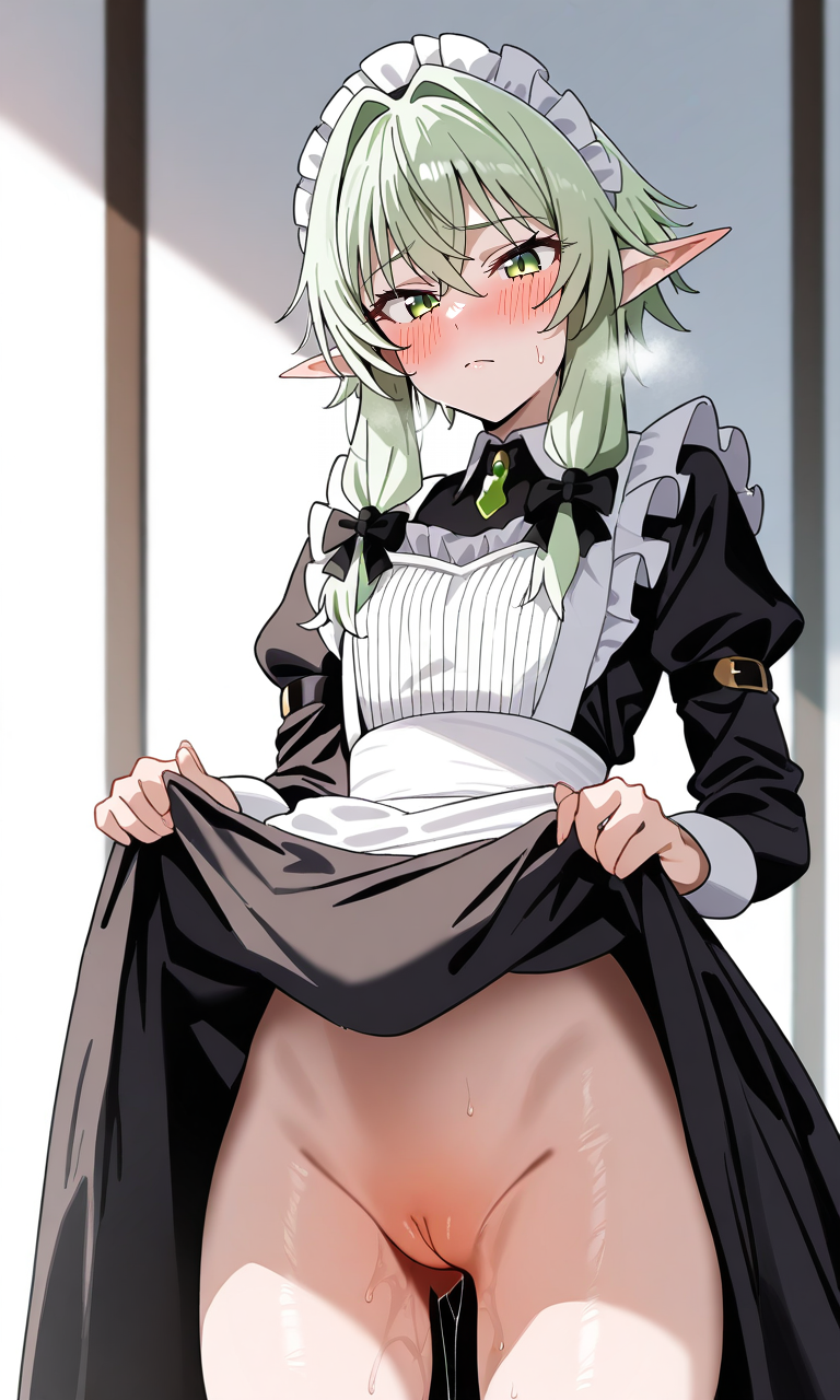 masterpiece, best quality, high resolution, absurdres, solo, 1girl, High_Elf_Archer_(Goblin_Slayer!), green_eyes, green_hair, short_hair_with_long_locks, small_breasts, pointy_ears, maid, maid_headdress, looking_at_viewer, pussy, lifting, pussy_juice,