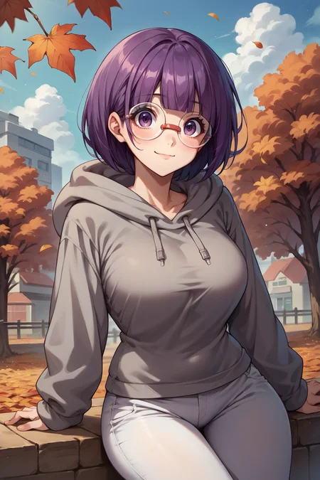 score_9, score_8_up, score_7_up, score_6_up, source_anime, 1girl, solo, <lora:pkmnshauntal-pdxl-nvwls-v1-000004:1> shauntal, purple hair, blunt bangs, bob cut, short hair, purple eyes, round glasses, large breasts, grey hoodie, white pants, autumn, looking at you, light smile, happy, worried, blush