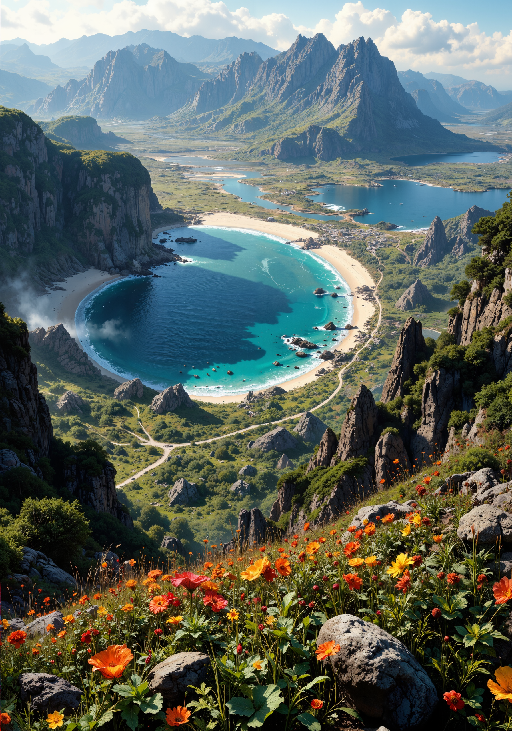 Sweeping aerial view, expansive rugged mountains merging with a vibrant coastal shore, bordered by emerald forests and arid desert dunes, intimate close-up of dew-kissed wildflowers and textured leaf patterns, dramatic eye-level perspective of tranquil valley vistas enveloped in soft morning mist, low-angle capture of ancient rocky outcrops under golden light, intricate natural gradients, detailed textures, and luminous highlights, 8k masterpiece quality, atmospheric serenity, emotive shadows, vibrant color palette, crystalline clarity, spatial composition and organic harmony. <lora:MysticFantasy:0.7> <lora:Vintage comic book:0.6> <lora:flux_semifluid_pigments:0.3> <lora:style_of_Norman_Ackroyd_FLUX_100:0.4> <lora:flux_dev:1>