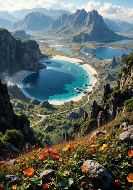 Sweeping aerial view, expansive rugged mountains merging with a vibrant coastal shore, bordered by emerald forests and arid desert dunes, intimate close-up of dew-kissed wildflowers and textured leaf patterns, dramatic eye-level perspective of tranquil valley vistas enveloped in soft morning mist, low-angle capture of ancient rocky outcrops under golden light, intricate natural gradients, detailed textures, and luminous highlights, 8k masterpiece quality, atmospheric serenity, emotive shadows, vibrant color palette, crystalline clarity, spatial composition and organic harmony. <lora:MysticFantasy:0.7> <lora:Vintage comic book:0.6> <lora:flux_semifluid_pigments:0.3> <lora:style_of_Norman_Ackroyd_FLUX_100:0.4> <lora:flux_dev:1>