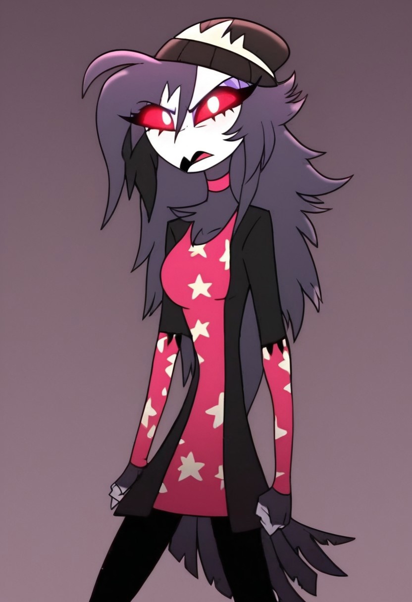 octavia, owl, 2D, black beanie, white skin, beak red sclera, simple background, perfect, masterpiece, 4K, high quality, white pupils, gray hair, female, 2d, cartoon, big boobs, huge boobs, large breasts, facing viewer, eyelashes, purple eyeshadow, pink collar, pink shirt, feather tail, yellow stars, black jacket, white claws, black palms, glowing eyes, looking at viewer, female, anthro, cartoon, standing, black pants, skinny, Expressiveh,