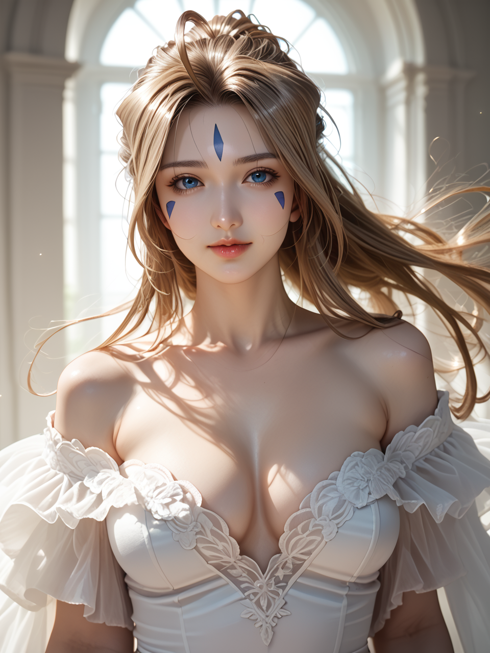 (score_9, score_8_up, score_7_up, score_6_up, score_9, ASCII score_9), (source_realistic photo), (masterpiece best quality), (beautiful atmosphere), (depth field, 8K, UHD, high detail RAW color art), (sharped face, beauty makeup, perfect lips), (beautiful detailed face, beautiful oval face), (Clear and silky skin, Beautiful skin, natural breasts), (detailed embroidery), (sharp out line), (elegant nose), (photo realistic:1.1, realistic face:1.1), colored lighting, natural lighting, professional view, dramatic lighting, foreshortening, skin dentation, detailed backgrounds, cinematic scene, 
1girl, solo, mature female, plump, <lora:World All Waifu PONY:0.5>, <lora:ããã£å¥³ç¥ãã¾ã£ã­ã£ã©ã¹ã¿ã¤ã«:0.7>, Belldandy, blue eyes, long hair, jewelry, brown hair, facial mark, forehead mark, bracelet, floating hair, wide hips,