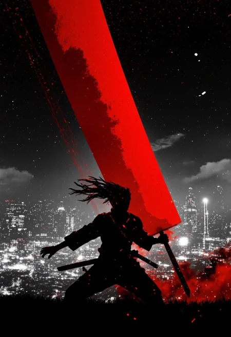 A washed-out, overexposed vision—80s city ninja, a lone warrior standing atop the neon-drenched skyline, his form flickering between reality and illusion. The black-and-red palette bleeds into the frame like corrupted filmstock, his silhouette dissolving at the edges, as if the world itself struggles to render him. A headband whips violently in the wind, its motion smearing into glitching afterimages, red streaks tearing through the dark like spectral echoes of past battles. His stance is effortless, poised, yet his presence distorts the very air around him.
But the true rupture in reality is the sword. An abomination of scale and presence, the blade is comically vast—so impossibly large that it fractures the skyline, its sheer existence an error in the world’s logic. It flickers between solid steel and digital collapse, its edges unraveling into cascading error codes, fractured light shards, and violent chromatic distortions. The surface doesn’t reflect the city but something else—warped memories, burning red data ghosts, lost battlefields frozen in fragmented time. The sheer weight of it bends space, a gravitational wound bleeding static and visual artifacts. giant sword