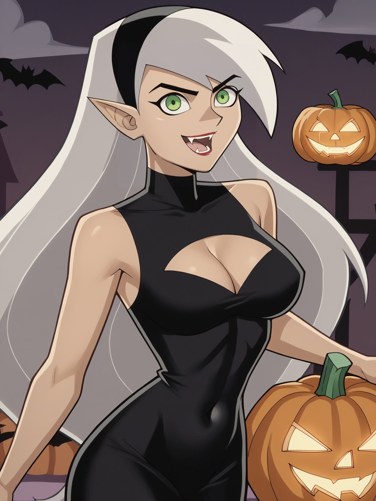 score_9, score_8_up, score_7_up, score_6_up, score_5_up, source_anime, smooth_anime, 
danny_phantom, 1girl, white_hair, green_eyes, large_breasts, black_hairband, long_hair, 
Fang, Vampire, fang, fangs, pointed_ears, open_mouth, red_lipstick, 
bare_shoulders, black_dress, bodysuit, breasts, cleavage, cleavage_cutout, clothing_cutout, covered_navel, dress, looking_at_viewer, navel, revealing_clothes, sleeveless, pantyhose, sheer, translucent_clothing, 
pumpkin, happy_halloween, 
<lora:Danny_Phantom_SDXL:1> <lora:Bonds_Beyond_Time:.5> <lora:Danny_Phantom_(Style):.5>