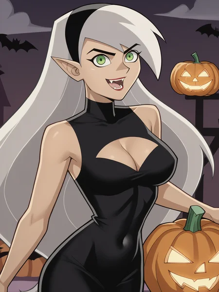 score_9, score_8_up, score_7_up, score_6_up, score_5_up, source_anime, smooth_anime, 
danny_phantom, 1girl, white_hair, green_eyes, large_breasts, black_hairband, long_hair, 
Fang, Vampire, fang, fangs, pointed_ears, open_mouth, red_lipstick, 
bare_shoulders, black_dress, bodysuit, breasts, cleavage, cleavage_cutout, clothing_cutout, covered_navel, dress, looking_at_viewer, navel, revealing_clothes, sleeveless, pantyhose, sheer, translucent_clothing, 
pumpkin, happy_halloween, 
<lora:Danny_Phantom_SDXL:1> <lora:Bonds_Beyond_Time:.5> <lora:Danny_Phantom_(Style):.5>