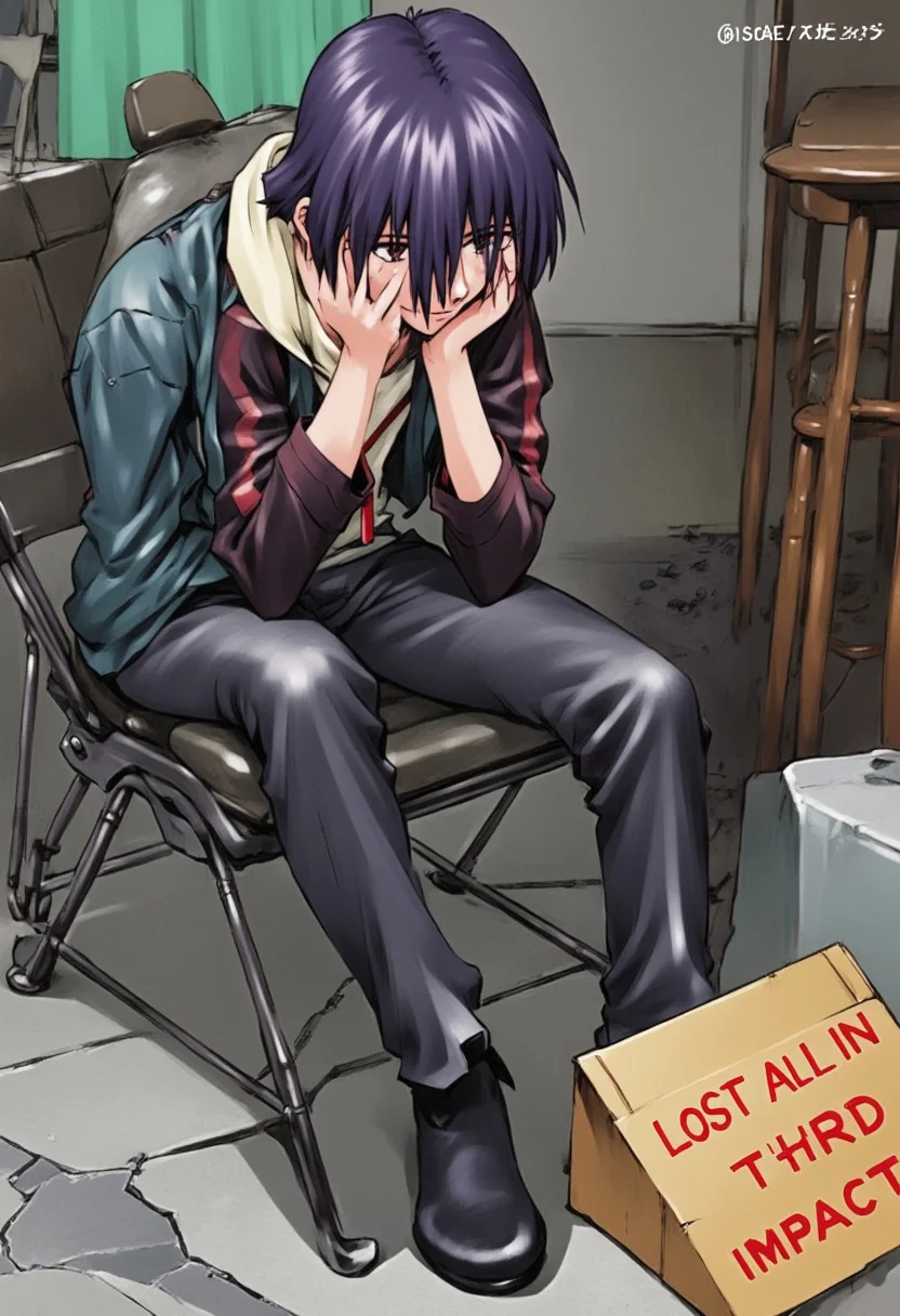 score_9, score_8_up, score_7_up, source_anime, ikari shinji from evangelion sitting in a folding chair with his head in his knees. There is a cardboard sign on the floor which say "lost all in third impact, please spare some buzz".