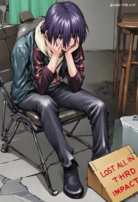 score_9, score_8_up, score_7_up, source_anime, ikari shinji from evangelion sitting in a folding chair with his head in his knees. There is a cardboard sign on the floor which say "lost all in third impact, please spare some buzz".