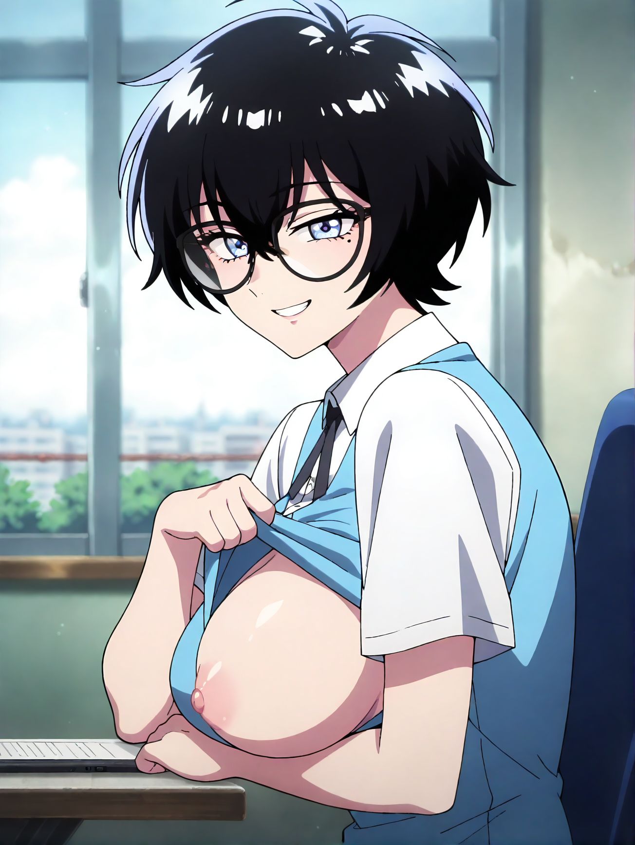 <lora:add-detail-xl:0.5>,masterpiece, best quality, newest, absurdres, highres, detailed eyes, beautiful, detailed background, perfect eyes, anime coloring, anime screencap,
<lora:flashing_breasts-000040:0.5>flashing_breastsV1,
oppai challenge, presenting breasts, looking at viewer, grin,
flashing, one breast out, from side, sitting, head rest,
lifting own clothes, no bra, nipples, clothes pull,  
<lora:Reiko_v2:0.8>, reiko, 1girl, solo, black short hair, blue eyes, mole under eye, round glasses, light blue office uniform, black necktie, white shirt, short sleeves, 
20YO,milf,
