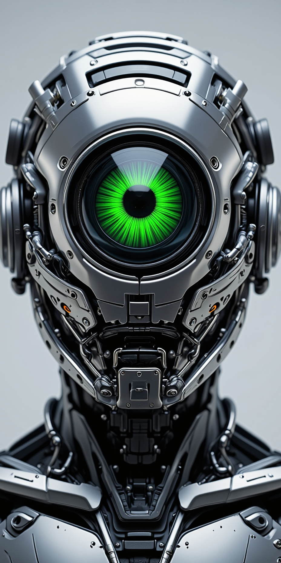 High quality and high contrast photography, A close-up of a futuristic humanoid robot flaunts a shiny, metallic face with a large, glowing green eye smack in the center. The eye's iris is intricately detailed with concentric circles. The robot's head is decked out with a bunch of mechanical bits and gadgets, giving it a high-tech, sci-fi vibe. The background is a plain, light grey.
