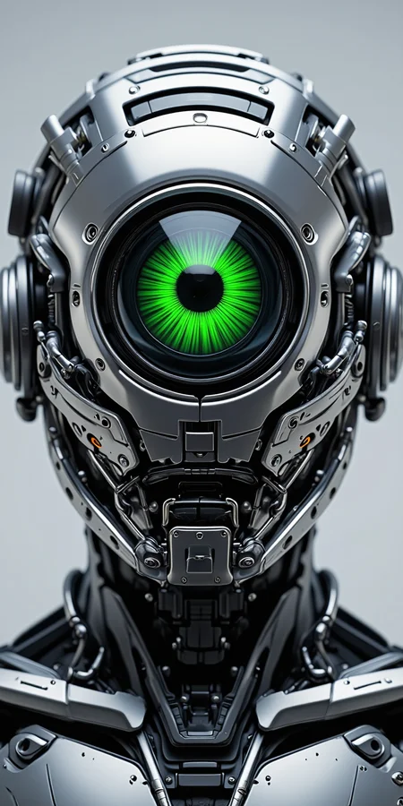 High quality and high contrast photography, A close-up of a futuristic humanoid robot flaunts a shiny, metallic face with a large, glowing green eye smack in the center. The eye's iris is intricately detailed with concentric circles. The robot's head is decked out with a bunch of mechanical bits and gadgets, giving it a high-tech, sci-fi vibe. The background is a plain, light grey.