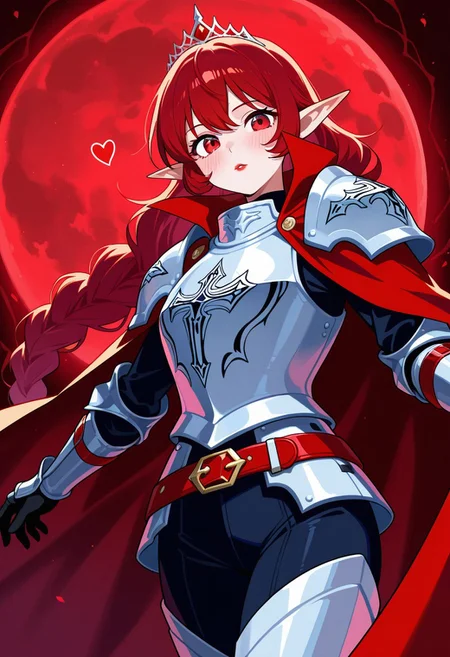 Stable_Yogis_PDXL_Positives, (score_9, score_8_up, score_7_up),  eye focus, dynamic angle, 1girl, elf girl, cowboy shot, vampire, solo, dhampir, paladin, heavy plate armor, full plate armor, heart-shaped face, long elven ears, alabaster skin, faint blush, large red eyes, (extremely long single braided black hair), scarred lips, red cloak, red belt, thin ruby tiara, metal rose emblem, rose motif armor, blood moon background,