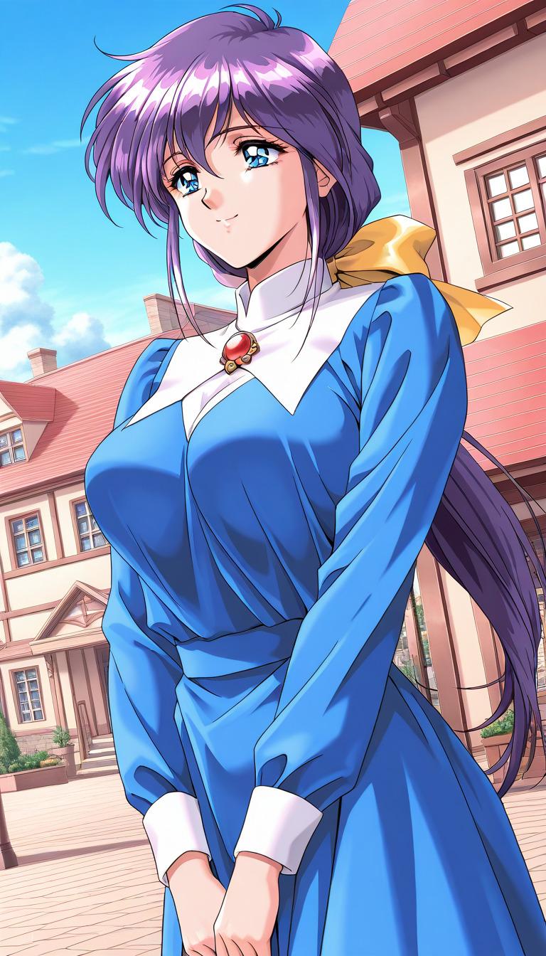 masterpiece, best quality, good quality, <lora:Kitazawa_Yukie_IS:1>Kitazawa_Yukie, solo, purple hair, large breasts, blue eyes, hair bow, yellow bow, low ponytail, 
1girl, solo, red brooch, red jewelry, blue long sleeves, smile, day, outdoors, town, sky, game cg style,
Show less
1990s (style), retro artstyle,