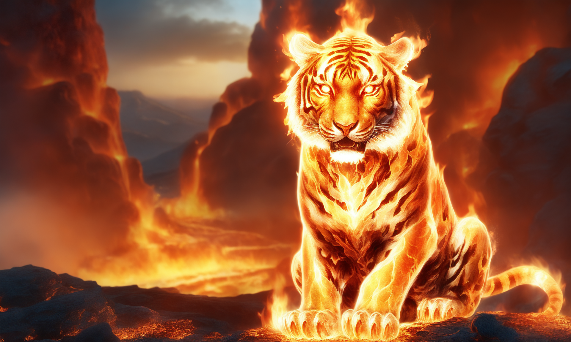 <lora:firecd_xl-000017:0.6>,a transparent fire elemental tiger made of (firecd_xl,raging flames:1.2,burning) in hell,fire eyes,fire hairs,fire body,splash fire,no humans,long-focus,tilt-shift,outdoors,on molten rock,full body,chinese zodiac,cutie,cute,still life,front view,facing viewer,looking at viewer,ethereal fantasy concept art,magnificent,epic,majestic,magical, emotional,harmonious,high budget,moody,epic,gorgeous,perfect lighting,realistic,photorealistic,photographic,photo (medium),real,moody lighting,volumetric lighting,reality ray tracing,8K,HDR,UHD,masterpiece,best quality,highly detailed,high resolution,finely detail,extremely detailed,ultra detailed,wallpaper