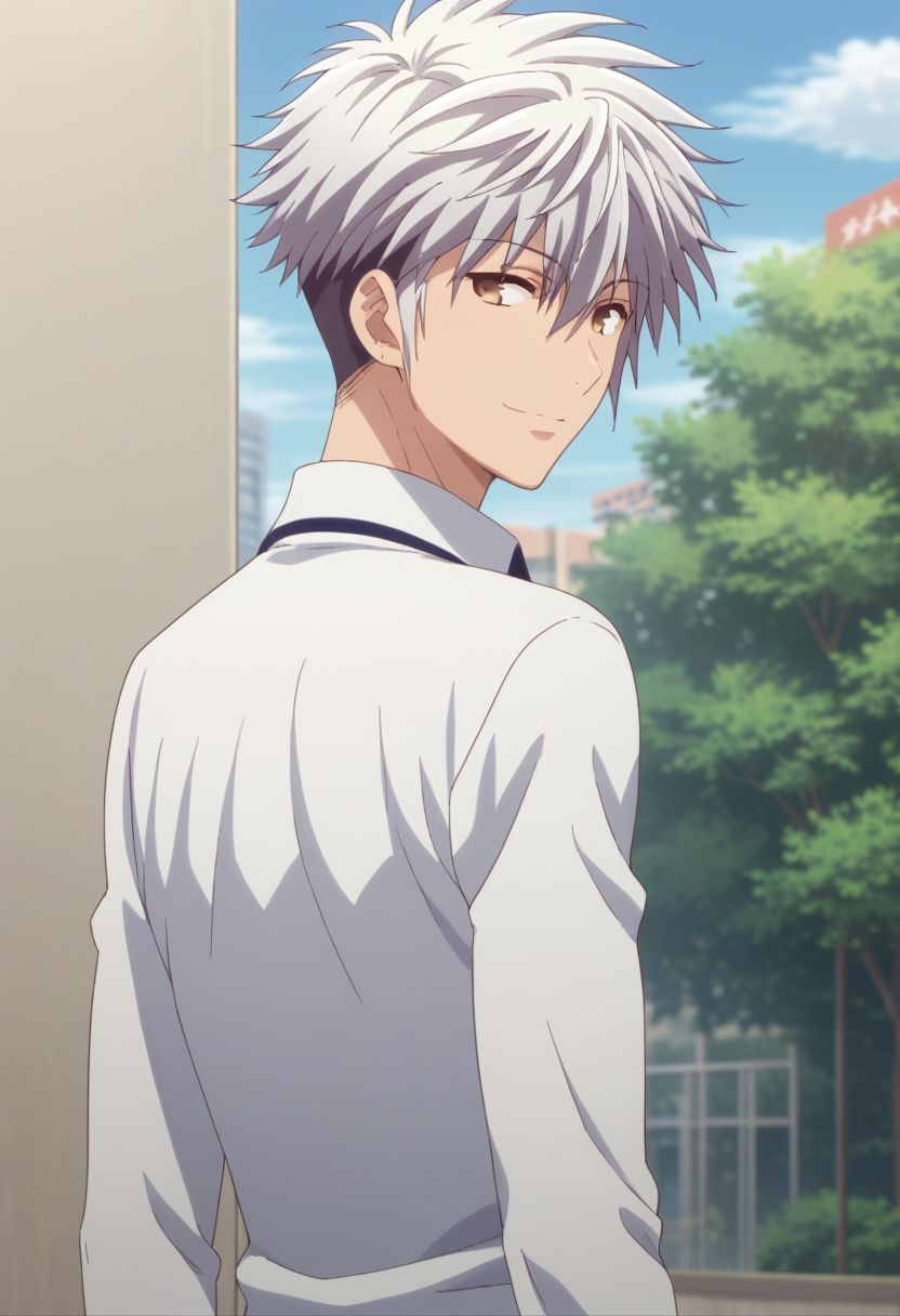 score_9, score_8_up, score_7_up, source_anime, highly detailed, 1boy, solo, male_focus, 
haru_sohma, 1boy, male focus, solo, white hair, jewelry, shirt, upper body, closed mouth, back, looking back, smile, soft smile, outiside, street, trees, sky, clouds,