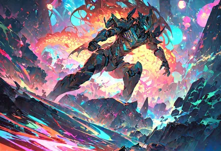 ((masterpiece, best quality, extremely detailed, absurdres)),(fantasic illustration, dynamic lighting), layered, on a futuristic moon, a giant robot dragon (guarded by bright luminous different sized spheres of different coloured lights:1.2), the earth can be seen in the sky, glowing luminous energy glowing through broken armour, <lora:flat2:-1.8>, (cinematic composition and lighting)