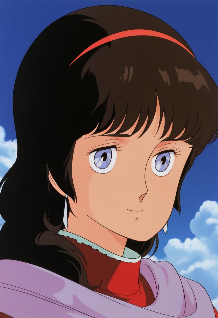 masterpiece, best quality, source_anime,official art,perfect_anatomy,1980s_\(style\),retro_artstyle,anna1999,1girl,blue eyes,brown hair,long hair,hairband,red dress,earrings,jewelry,scarf,portrait,looking_at_viewer,smile,day,blue_sky,cloud