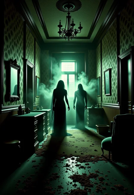 An Art Deco Hotel room visited by ghosts, Gothic style, scary, creepy, haunted, terror feeling.
Dark,mysterious,haunting,dramatic,ornate,detailed.