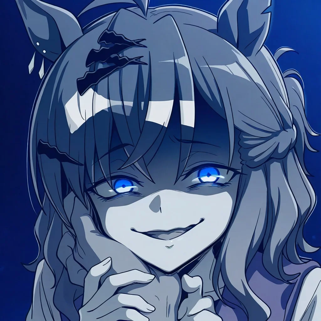 J_Pocket, 1girl, gesugao,evil smile, ebiblue, gesugao,, glowing eyes, colored eyes, shaded face,edgGesugao,sadistic smile,,blue theme, Jungle Pocket , JunglePocket ,horse ears, jungle_pocket_(umamusume), blue color, blue line art, (monochrome, face focus, greyscale : 0.8) ,anime screenshot, anime screencap, umamusume style(BEGINNING OF A NEW ERA) style, simple background, hand grab another head