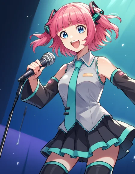 score_9, score_8_up, score_7_up, source_anime, <lora:nnakano-s1-ponyxl-lora-nochekaiser:1>, short hair, bangs, blue eyes, hair ornament, hair ribbon, pink hair, blunt bangs, two side up, butterfly hair ornament, mature female,, <lora:hatsune-miku-cosplay-ponyxl-lora-nochekaiser:1>, hatsunemikucosplay, hatsune miku \(cosplay\), aqua necktie, black footwear, black skirt, black sleeves, boots, collared shirt, detached sleeves, grey shirt, necktie, pleated skirt, shirt, skirt, sleeveless, sleeveless shirt, thigh boots, tie clip,, stage, stage lightings, singing, microphone, holding microphone, open mouth, smile,, cowboy shot, dutch angle,