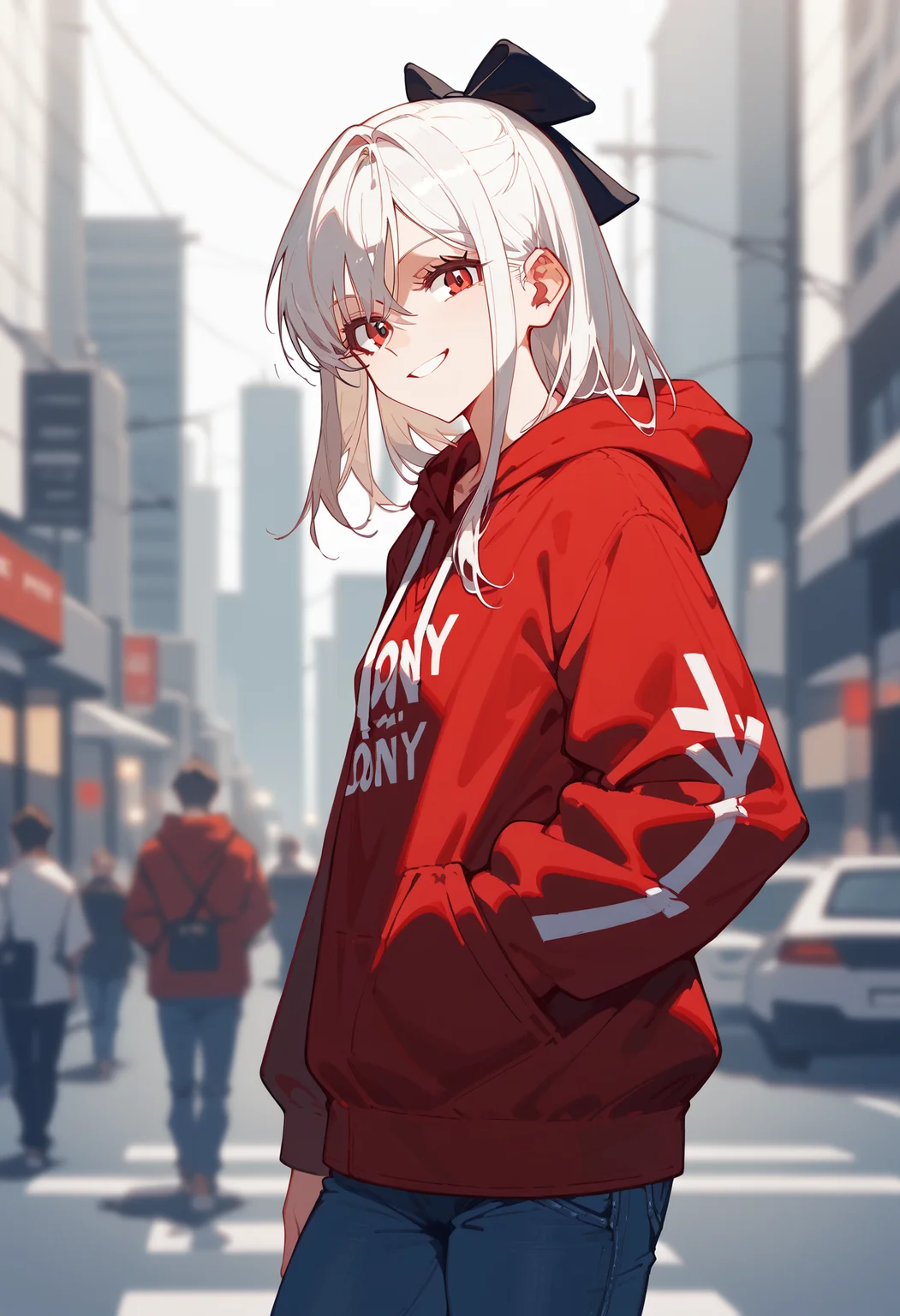 score_9, score_8_up, score_7_up, 1girl, RythZeroPony, cowboy shot, denim pant, blue pant, red hoodie, hair ribbon, looking at viewer, smiling, outdoors, city, depth of field, <lora:ZeroDrakengardPony-103:1>