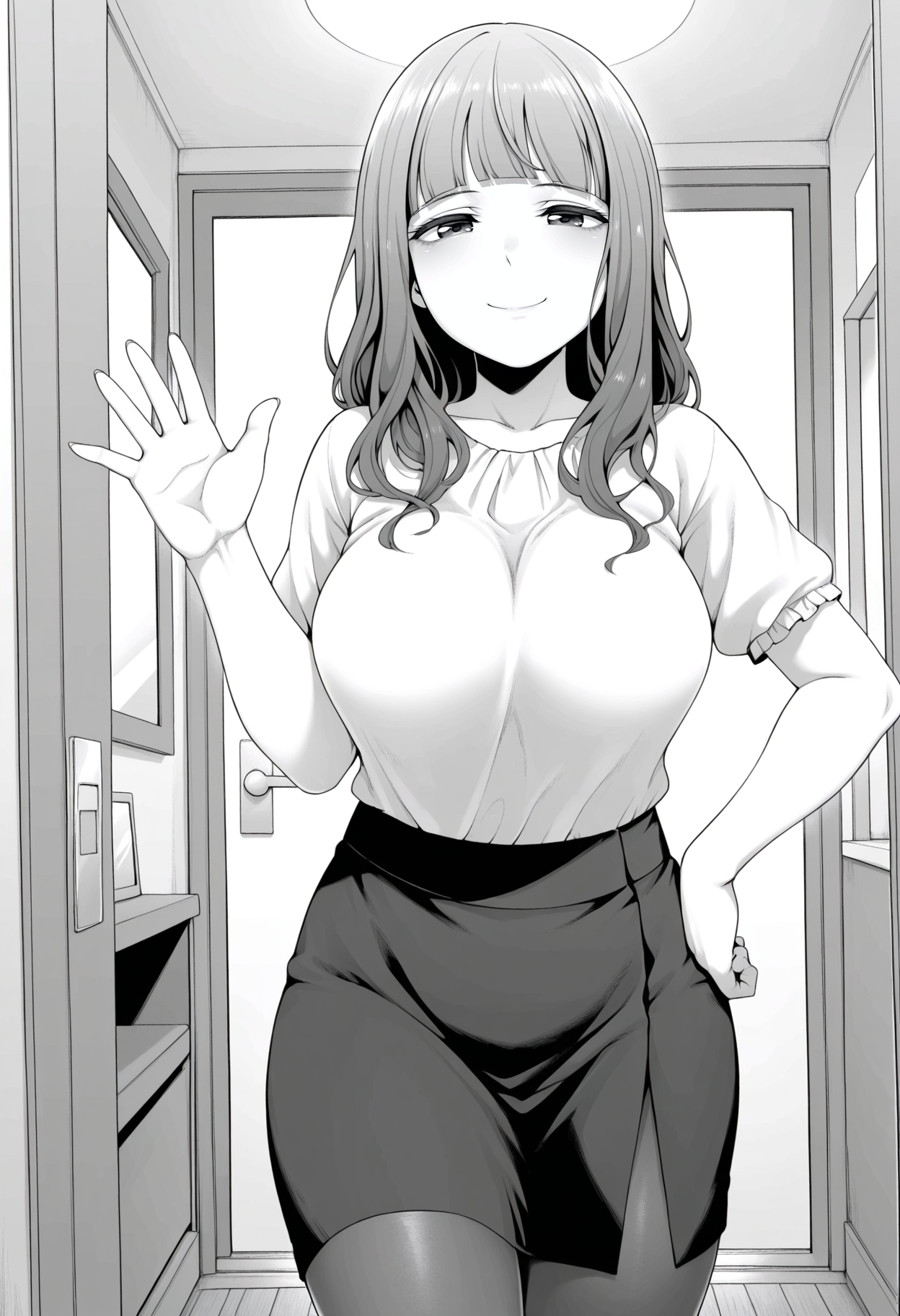 1girl,solo,mm,mature female,long hair,bangs,blunt bangs,large breasts,greyscale,monochrome,
shirt,skirt,pantyhose,hand on own hip, looking at viewer, waving,smile,indoors
,masterpiece,best quality,amazing quality,<lora:Dousei_Kanojo_to_Asa_made_Tsuyudaku_Hametaoshi:0.8>