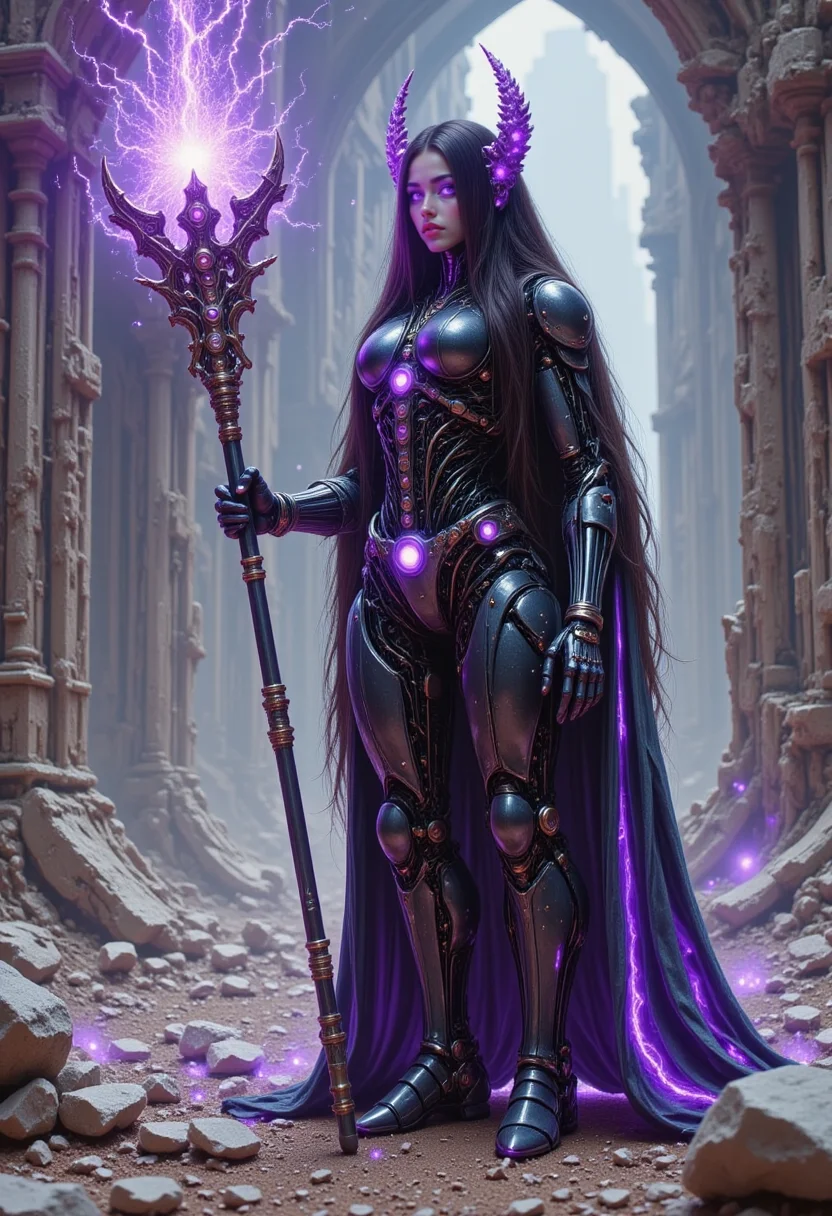 pinkmechalux, A battle-ready cyborg sorceress, dark gunmetal bodysuit with pulsating purple circuitry, holding an ornate staff crackling with electric energy, her eyes glowing violet as she stands before a ruined cyber temple.