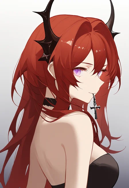 <lora:ask_(askzy):1>1girl, solo, horns, surtr \(arknights\),  long hair, red hair, purple eyes, looking at viewer, upper body, mouth hold, cross, white background, bare shoulders, looking back, simple background, black dress, hair between eyes, bangs, smile, breasts, dress, cross necklace, from behind, strapless, slit pupils, medium breasts, necklace, jewelry, demon horns, choker, black choker, closed mouth, gradient, hair intakes, gradient background, back, strapless dress, demon girl, bare arms, very long hair