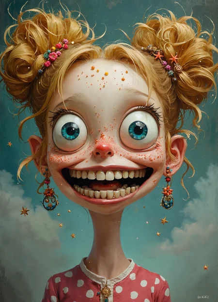 Surrealist caricature of a manic lady with an impossibly exaggerated grin stretching from ear to ear, revealing an array of perfectly aligned, gleaming teeth. Her eyes are comically oversized blue orbs, taking up nearly half her face, with pupils dilated in a state of perpetual excitement. Freckles dance across her cheeks and nose like a constellation of copper stars. Her golden hair defies gravity, styled in two messy space buns that resemble exploding fireworks, with stray strands floating as if electrified. The lady's head is disproportionately large for her body, bobbling precariously on a thin neck.
Her skin has an almost porcelain-like quality, with a slight sheen and rosy undertones that border on feverish. The bridge of her nose crinkles upward, emphasizing her cartoonish enthusiasm. Impossibly long eyelashes fan out like exotic feathers, casting delicate shadows on her cheeks. Her ears are adorned with an eclectic mix of colorful, dangling earrings that seem to defy the laws of physics.
The lady wears a vibrant, polka-dotted top that clashes cheerfully with her overall appearance. The background is a muted, dreamlike haze, making her vivid features pop even more dramatically. Every element of her face is pushed to the brink of absurdity, creating a character that teeters between whimsical charm and unsettling mania.