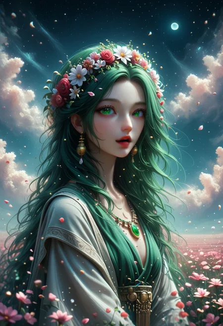 score_9, score_8_up, score_8_up, female, hight quality, best art, detailed , good quality, rendered details. Adorable. Hight resolution. perfect. Slim figure, estetic, Erotic Girl, long hairs, flower on head, ((ancient jewellery)), ((tatooed left part face)), ((diferent eyes: left eye blind and right eye is luminous red)), ((singing)), ((She Cast black magic spheres)), ((mgic shadow form round girl)), ((Ghosts figures fly over)), (( flower field)) ((Black Space air style, Giant light green moon and behind red planet, bring stars shine))