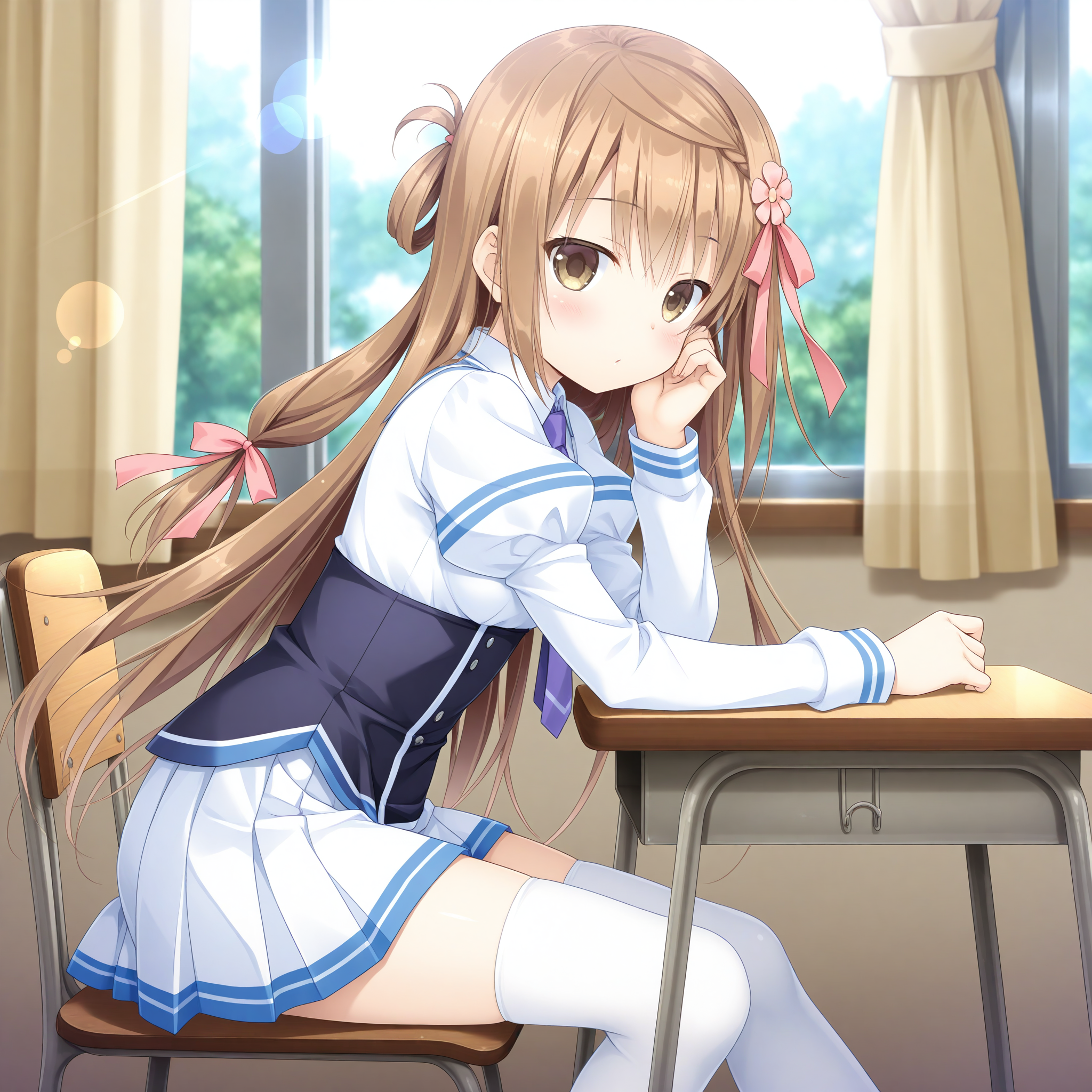 <lora:Mashiro_Yuka_1_nai-000041:1>,Mashiro Yuka,braid,hair ribbon,pink ribbon,hair flower,pink flower,
school uniform,white thighhighs,pleated skirt,juliet sleeves,miniskirt,white skirt,puffy long sleeves,purple necktie,
BREAK
1girl,solo,looking at viewer,sitting,from side,arm support,on chair,desk,indoors,window,curtains,day,arm on table,depth of field,lens_flare,