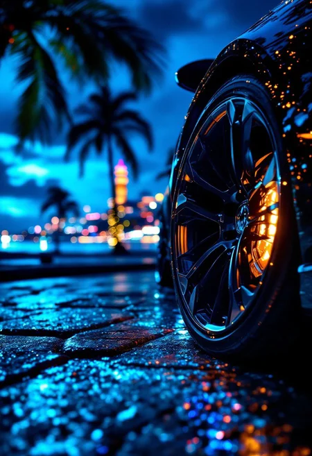 close-up rear view of the wheel of a beautiful black car shimmering, on the background of the night city, lights of the coastal village, large palms tree, black gloomy night, lights, shimmering water, high detailing, design New Year's illustration, hyper-detailed, professional photoshoot, ultra-sharp, vivid colors, 50mm lens