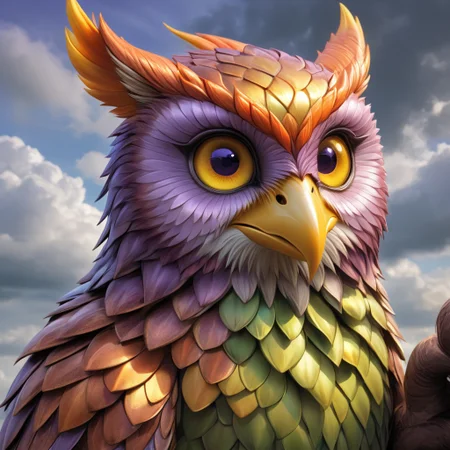 Shiny scaleboundsdxl,Up in the sky, cloudy, purple body, cover dark clouds scales, owl, ears, orange tips on head orange tips on butt, light yellow beak, light purple eyes, light green sclera, colored sclera, light yellow talons,solo,female1, ^w^, ( detail realistic), beautiful detail, high-quality, face close up,