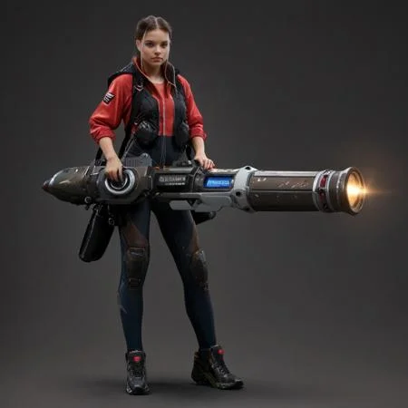 score_9, score_8_up, score_7_up, rating_safe, concept art, semi-realistic, 1girl, solo, Sci-fi.
Young beautiful face, fit body,
HHWeapon, Holding weapon, ((Huge weapon)),
Holding weapon with two hands.
Cannon Gun.
Simple background.