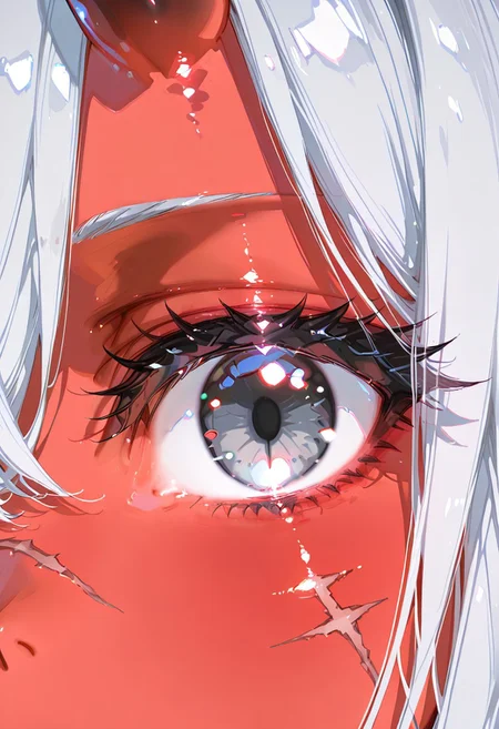 masterpiece, best quality, good quality, newest, highres, absurdres, volumetric lighting,gradient color,
BREAK 
raytracing, volumetric lighting, ambient occlusion, girl, luminescent background, masterpiece, best quality, very awa, absurdres, 
BREAK
Aka-Oni, oni, colored skin, (red skin:1.3), straight horns, solo, long hair, model style,
BREAK
masterpiece,amazing quality,best quality,ultra-detailed,8K,illustration,CG,shiny hair,clear skin,ultra-detailed-eyes,simple background,cute girl, eyelashes
BREAK,
 perfect composition, solo, 1girl, gray eyes, long hair, silver hair, hair over one eye, scar on nose, extreme eye close up, eye focus, eye reflection, wide eyed, eyelashes, blank stare, looking at viewer,
