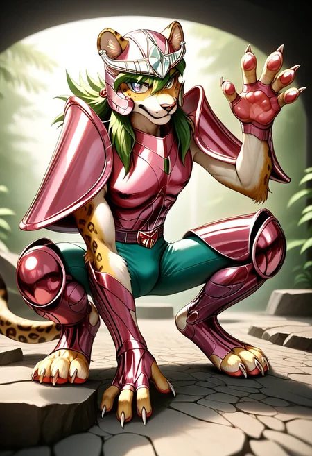 score_9, score_8_up, score_7_up, score_6_up, score_5_up, score_4_up, source_furry, 1boy, furry, anthro leopard, leopard ears, leopard tail, (paws:2), leopard spots, body fur, andromeda shun, anshun, toned male, (slim:1.3), (round pupils, simple eyes:1.4), magenta sleeveless armor, long wavy green hair, magenta helmet with two prongs and silver accents, magenta vambraces, large magenta pauldrons, fingerless magenta gloves, magenta thighhigh greaves, green pants, magenta boots, stylized belt buckle with silver and magenta accents, 80's, retro aesthetic, action pose, hand up, (shiny:2), squatting